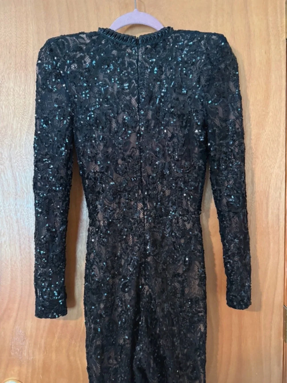 NADINE MERABI Black Sequin Lace Long-Sleeve Fitted Jumpsuit